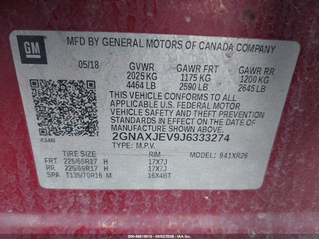 Chevrolet EQUINOX LT 2018 2GNAXJEV9J6333274 Image 9