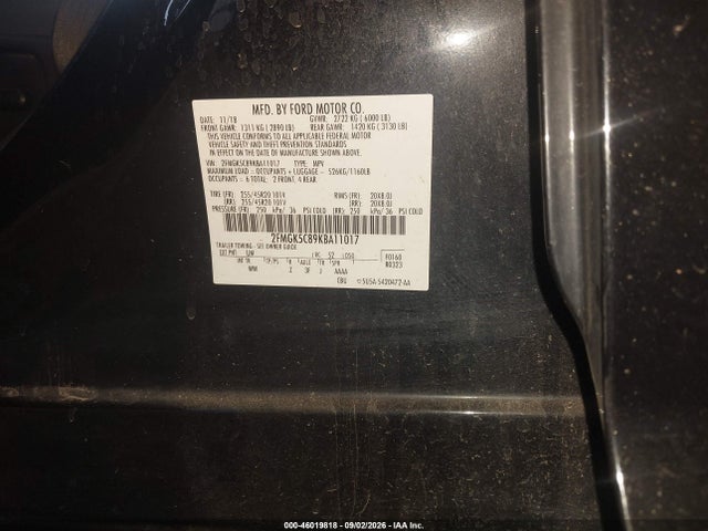 46019818 :رقم المزاد ، 2FMGK5C89KBA11017 vin ، 2019 Ford Flex Sel مزاد بيع