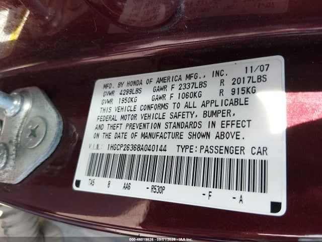 46019826 :رقم المزاد ، 1HGCP26368A040144 vin ، 2008 Honda Accord 2.4 Lx مزاد بيع