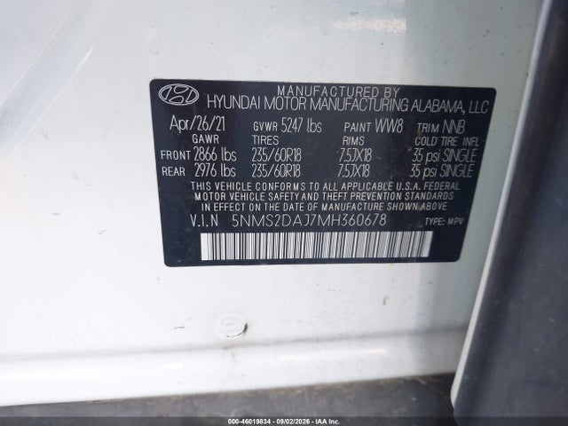 Продаж на аукціоні авто 2021 Hyundai Santa Fe Sel, vin: 5NMS2DAJ7MH360678, номер лоту: 46019834