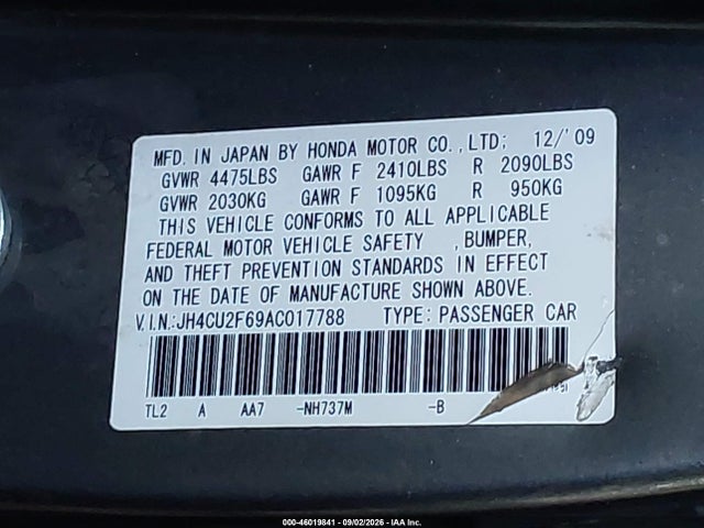 46019841 :رقم المزاد ، JH4CU2F69AC017788 vin ، 2010 Acura Tsx 2.4 مزاد بيع
