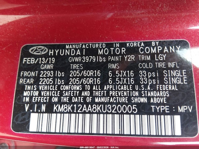 46019847 :رقم المزاد ، KM8K12AA8KU320005 vin ، 2019 Hyundai Kona Se مزاد بيع