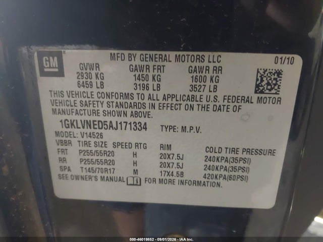 2010 Gmc Acadia Slt-2 მანქანა იყიდება აუქციონზე, vin: 1GKLVNED5AJ171334, აუქციონის ნომერი: 46019852