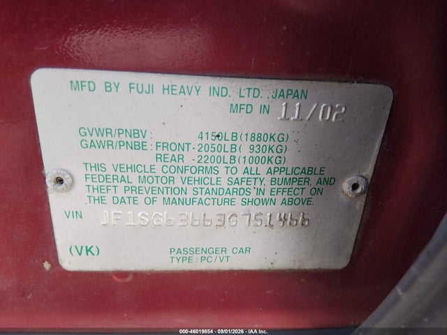 46019854 :رقم المزاد ، JF1SG63663G751466 vin ، 2003 Subaru Forester X مزاد بيع