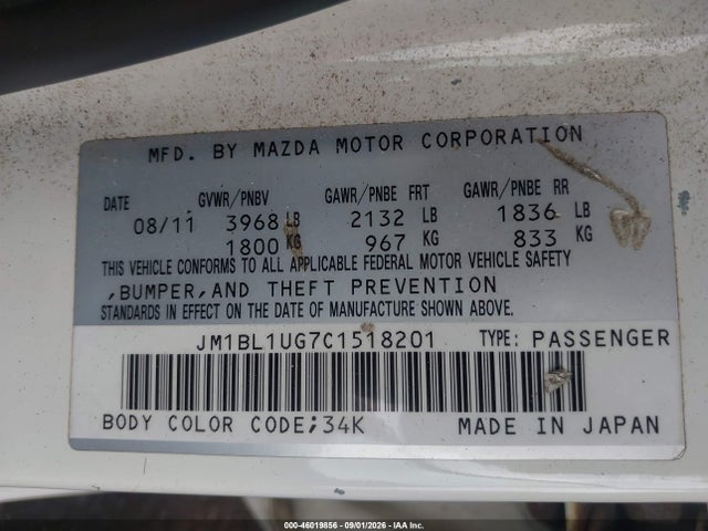 Aukcja sprzedaży 2012 Mazda Mazda3 I Sport, vin: JM1BL1UG7C1518201, numer aukcji: 46019856