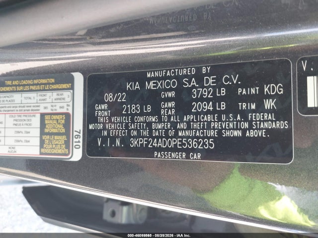 Aukcja sprzedaży 2023 Kia Forte Lxs, vin: 3KPF24AD0PE536235, numer aukcji: 46019860