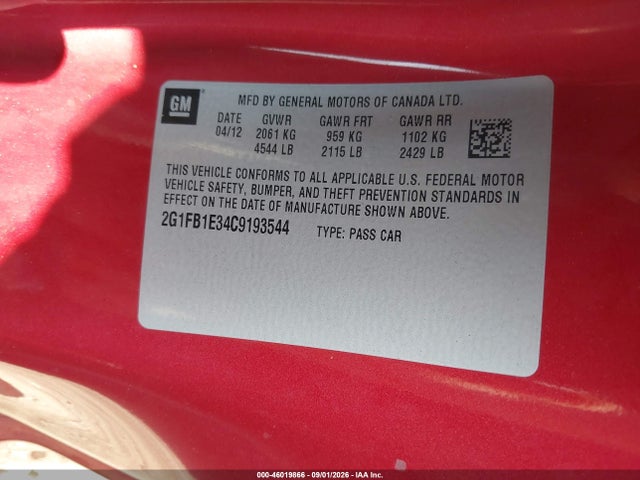 2012 Chevrolet Camaro 1lt მანქანა იყიდება აუქციონზე, vin: 2G1FB1E34C9193544, აუქციონის ნომერი: 46019866