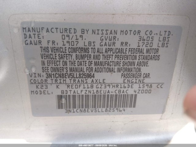 Продажа на аукционе авто 2020 Nissan Versa Sv Xtronic Cvt, vin: 3N1CN8EV5LL825964, номер лота: 46019877