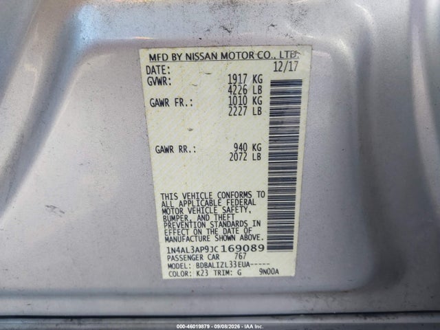 2018 Nissan Altima 2.5 Sv მანქანა იყიდება აუქციონზე, vin: 1N4AL3AP9JC169089, აუქციონის ნომერი: 46019879
