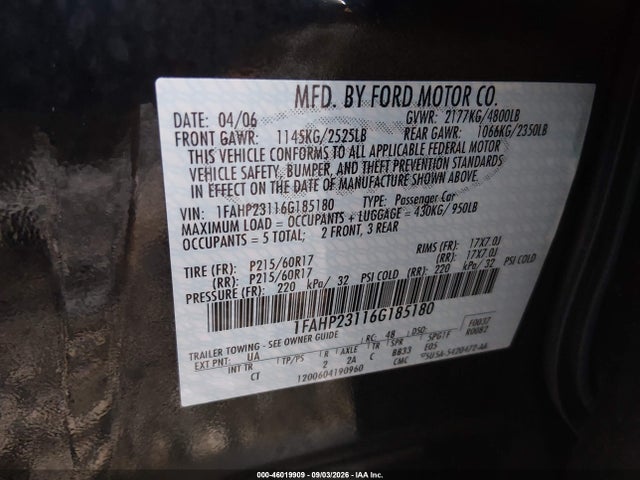 Aukcja sprzedaży 2006 Ford Five Hundred Se, vin: 1FAHP23116G185180, numer aukcji: 46019909