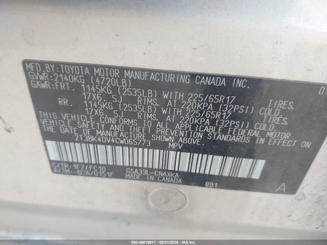 Aukcja sprzedaży 2012 Toyota Rav4 Base V6, vin: 2T3BK4DV4CW065773, numer aukcji: 46019911
