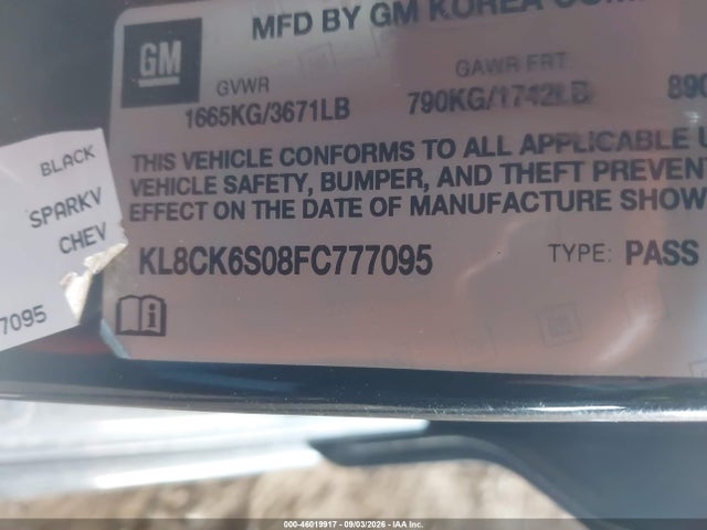 Продажа на аукционе авто 2015 Chevrolet Spark Ev 1lt, vin: KL8CK6S08FC777095, номер лота: 46019917