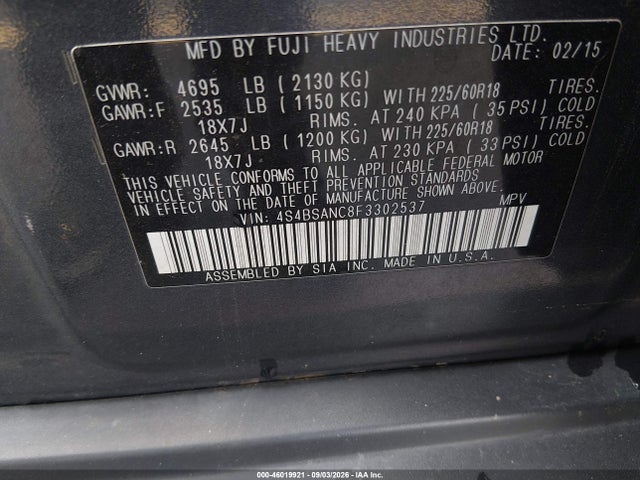 Aukcja sprzedaży 2015 Subaru Outback 2.5i Limited, vin: 4S4BSANC8F3302537, numer aukcji: 46019921