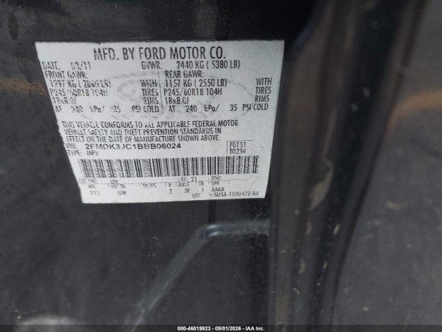 Продаж на аукціоні авто 2011 Ford Edge Sel, vin: 2FMDK3JC1BBB06024, номер лоту: 46019923