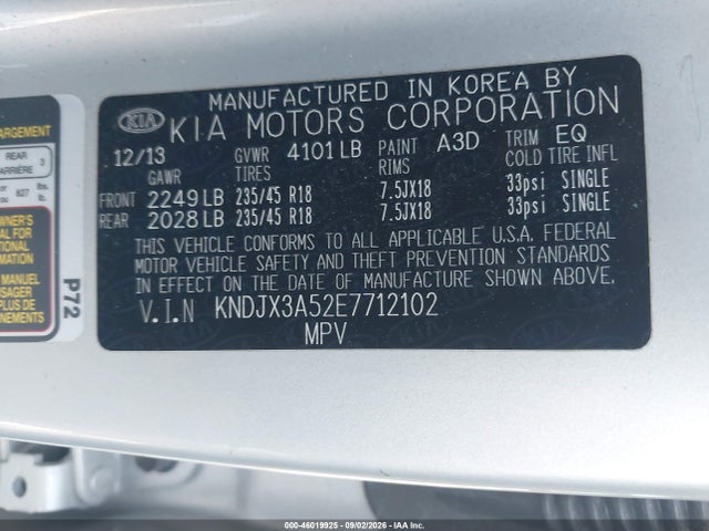 46019925 :رقم المزاد ، KNDJX3A52E7712102 vin ، 2014 Kia Soul ! مزاد بيع
