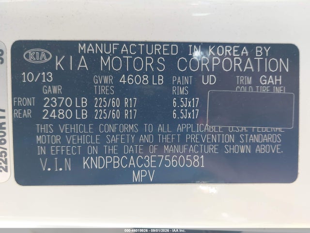 2014 Kia Sportage Lx მანქანა იყიდება აუქციონზე, vin: KNDPBCAC3E7560581, აუქციონის ნომერი: 46019926