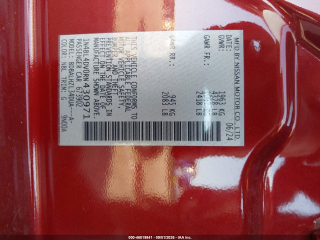 46019941 :رقم المزاد ، 1N4BL4DV0RN430971 vin ، 2024 Nissan Altima Sv Fwd مزاد بيع