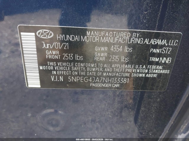 Продажа на аукционе авто 2022 Hyundai Sonata Se, vin: 5NPEG4JA7NH133381, номер лота: 46019950