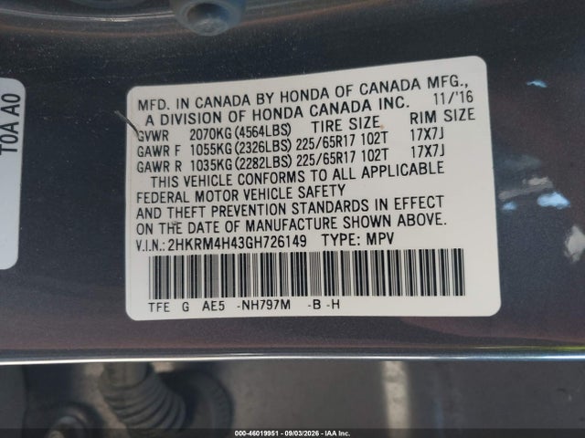 Продаж на аукціоні авто 2016 Honda Cr-v Se, vin: 2HKRM4H43GH726149, номер лоту: 46019951
