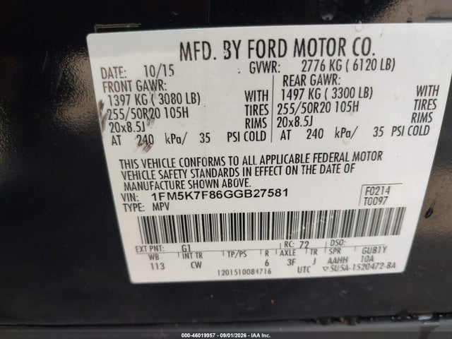 2016 Ford Explorer Limited მანქანა იყიდება აუქციონზე, vin: 1FM5K7F86GGB27581, აუქციონის ნომერი: 46019957