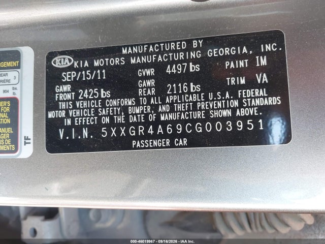 Aukcja sprzedaży 2012 Kia Optima Sx, vin: 5XXGR4A69CG003951, numer aukcji: 46019967