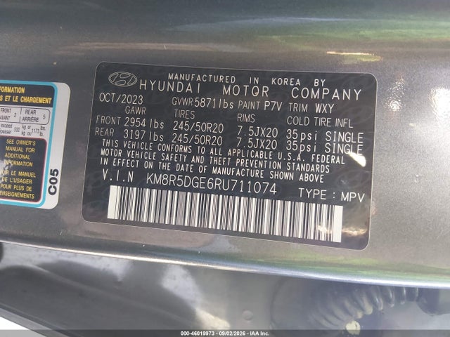 2024 Hyundai Palisade Limited მანქანა იყიდება აუქციონზე, vin: KM8R5DGE6RU711074, აუქციონის ნომერი: 46019973