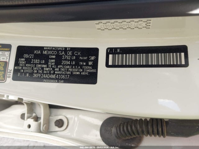 46019976 :رقم المزاد ، 3KPF24AD4ME410617 vin ، 2021 Kia Forte Lxs مزاد بيع