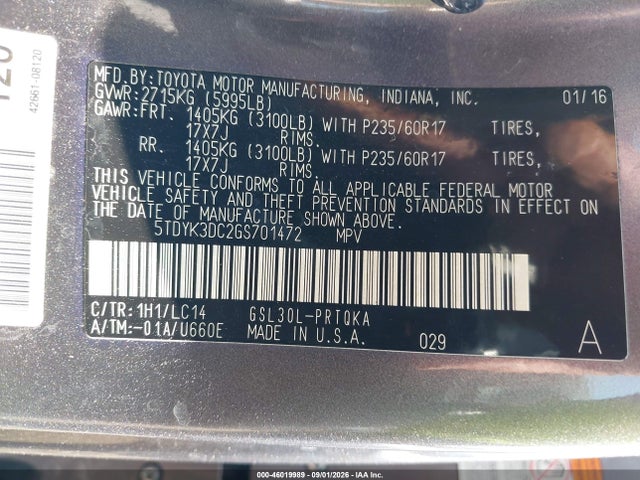 2016 Toyota Sienna Xle 8 Passenger მანქანა იყიდება აუქციონზე, vin: 5TDYK3DC2GS701472, აუქციონის ნომერი: 46019989