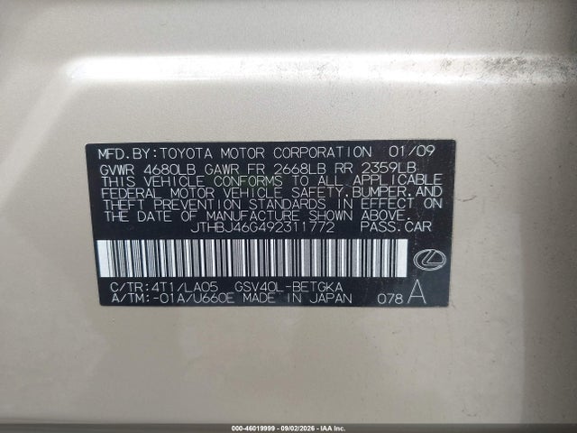 46019999 :رقم المزاد ، JTHBJ46G492311772 vin ، 2009 Lexus Es 350 مزاد بيع