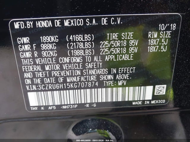 Продаж на аукціоні авто 2019 Honda Hr-v Sport, vin: 3CZRU6H15KG707874, номер лоту: 46020009