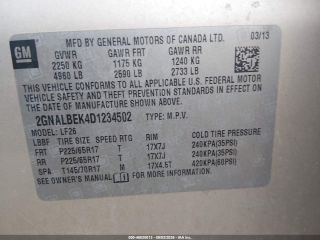 46020013 :رقم المزاد ، 2GNALBEK4D1234502 vin ، 2013 Chevrolet Equinox Ls مزاد بيع
