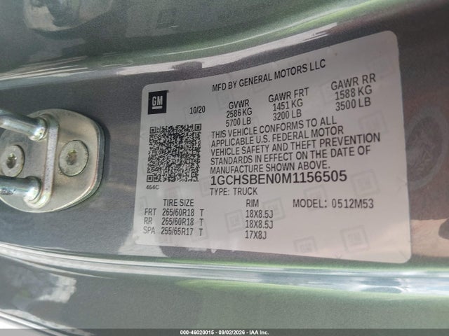 Aukcja sprzedaży 2021 Chevrolet Colorado 2wd  Long Box Wt, vin: 1GCHSBEN0M1156505, numer aukcji: 46020015