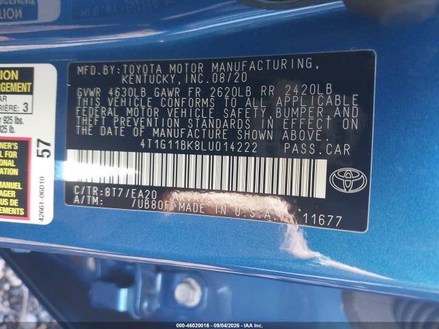 2020 Toyota Camry Se Awd მანქანა იყიდება აუქციონზე, vin: 4T1G11BK8LU014222, აუქციონის ნომერი: 46020016