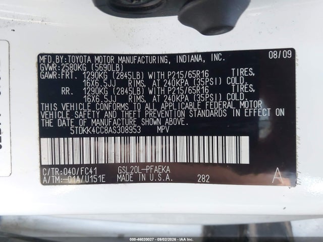 46020027 :رقم المزاد ، 5TDKK4CC8AS308953 vin ، 2010 Toyota Sienna Le مزاد بيع