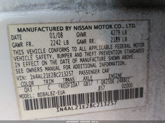 Aukcja sprzedaży 2008 Nissan Altima 2.5 S, vin: 1N4AL21E28C213257, numer aukcji: 46020045