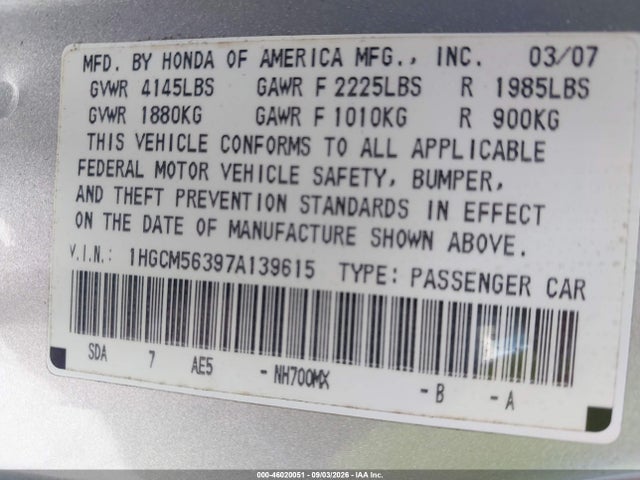 46020051 :رقم المزاد ، 1HGCM56397A139615 vin ، 2007 Honda Accord 2.4 Se مزاد بيع