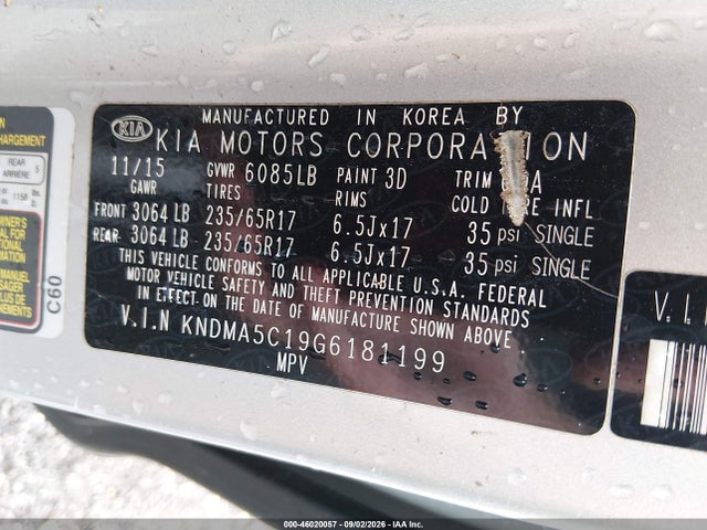 Aukcja sprzedaży 2016 Kia Sedona L, vin: KNDMA5C19G6181199, numer aukcji: 46020057