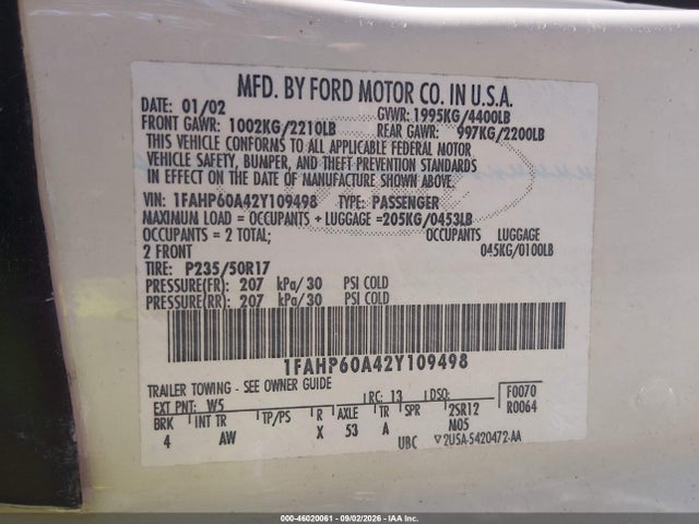 Aukcja sprzedaży 2002 Ford Thunderbird, vin: 1FAHP60A42Y109498, numer aukcji: 46020061