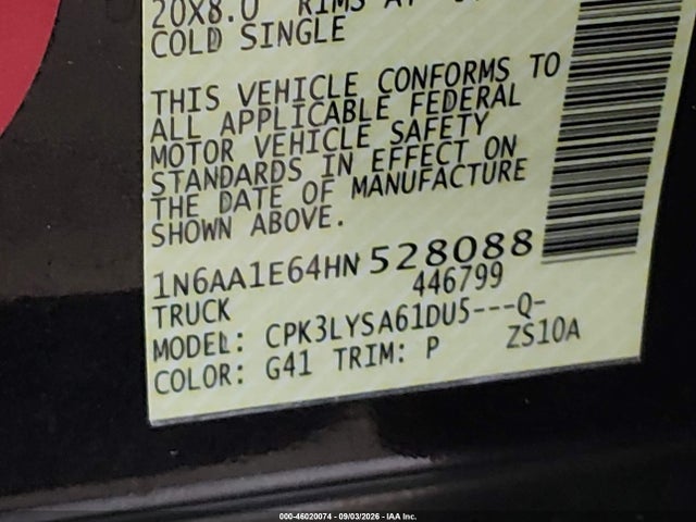 46020074 :رقم المزاد ، 1N6AA1E64HN528088 vin ، 2017 Nissan Titan Platinum Reserve مزاد بيع