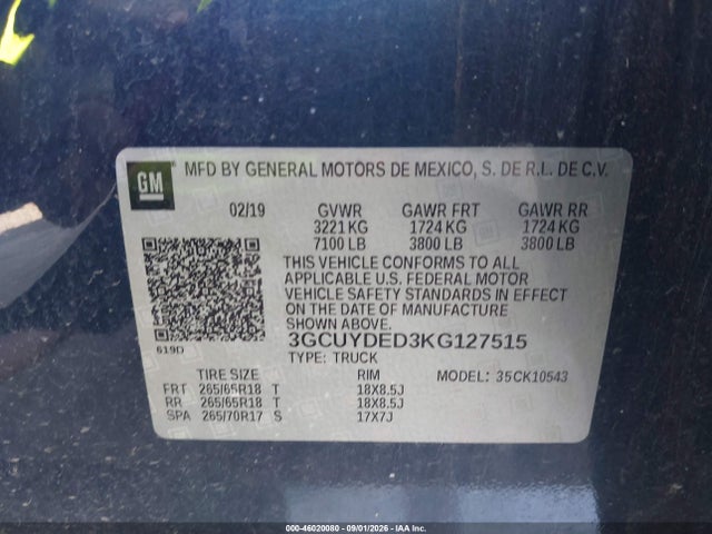 2019 Chevrolet Silverado 1500 Lt მანქანა იყიდება აუქციონზე, vin: 3GCUYDED3KG127515, აუქციონის ნომერი: 46020080