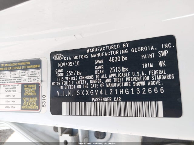 2017 Kia Optima მანქანა იყიდება აუქციონზე, vin: 5XXGV4L21HG132666, აუქციონის ნომერი: 46020082