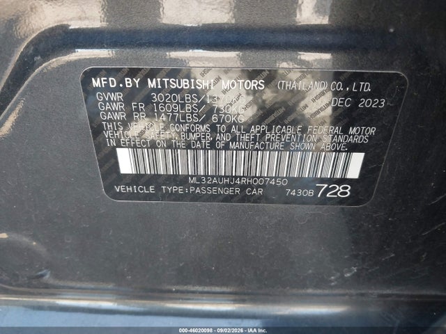 46020098 :رقم المزاد ، ML32AUHJ4RH007450 vin ، 2024 Mitsubishi Mirage Es/le مزاد بيع