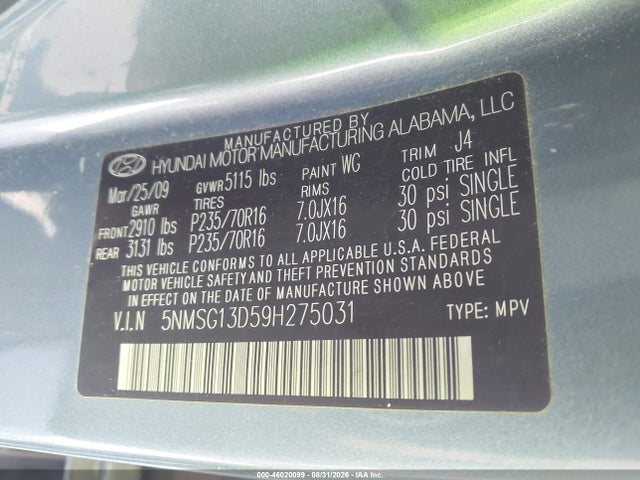 Продажа на аукционе авто 2009 Hyundai Santa Fe Gls, vin: 5NMSG13D59H275031, номер лота: 46020099