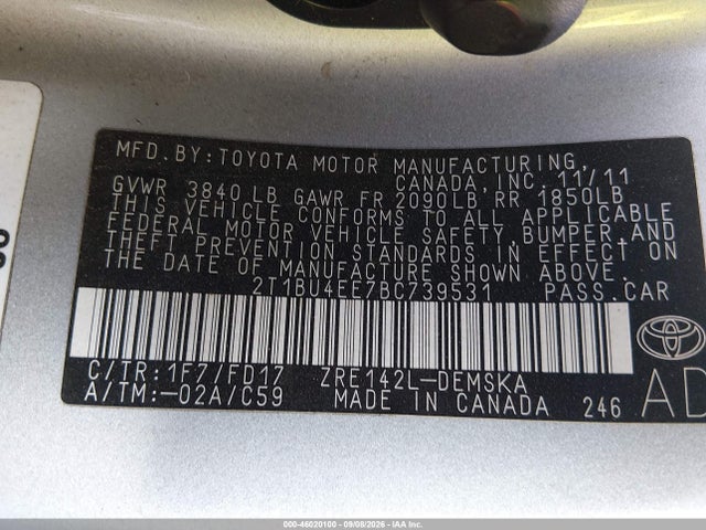 2011 Toyota Corolla S მანქანა იყიდება აუქციონზე, vin: 2T1BU4EE7BC739531, აუქციონის ნომერი: 46020100
