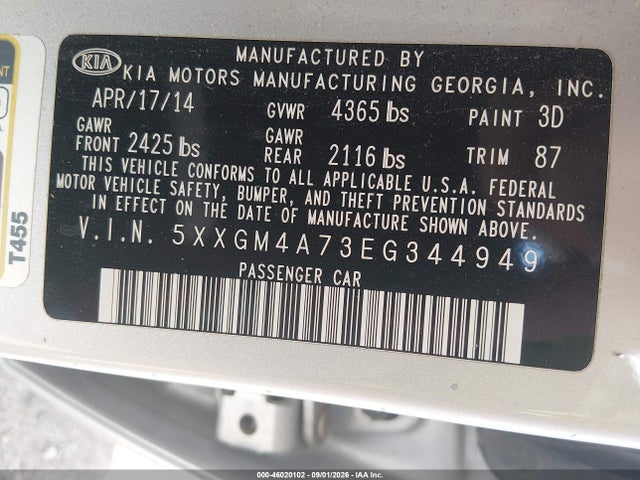 2014 Kia Optima Lx მანქანა იყიდება აუქციონზე, vin: 5XXGM4A73EG344949, აუქციონის ნომერი: 46020102