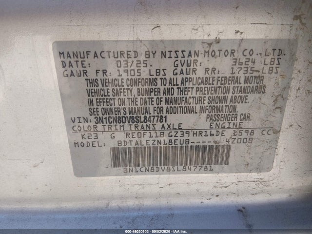 Продажа на аукционе авто 2025 Nissan Versa 1.6 S, vin: 3N1CN8DV8SL847781, номер лота: 46020103