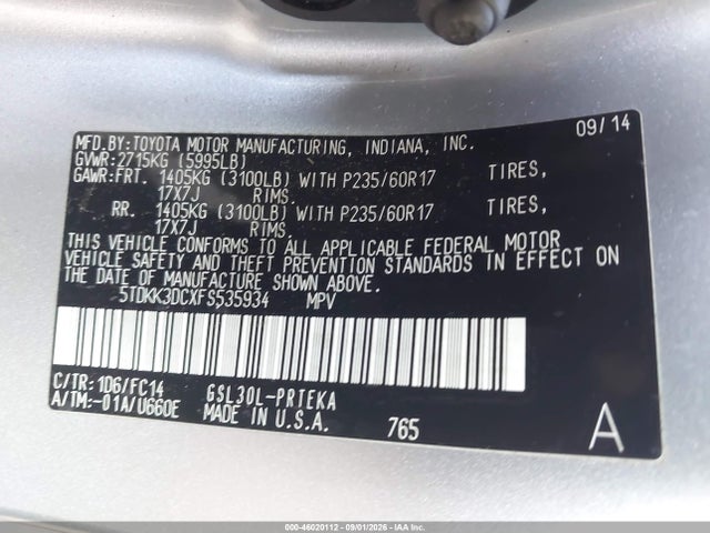 2015 Toyota Sienna Le 8 Passenger მანქანა იყიდება აუქციონზე, vin: 5TDKK3DCXFS535934, აუქციონის ნომერი: 46020112