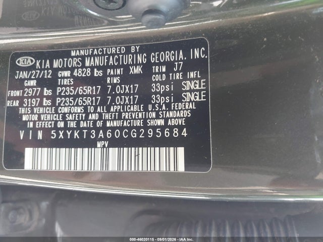 Aukcja sprzedaży 2012 Kia Sorento Lx, vin: 5XYKT3A60CG295684, numer aukcji: 46020115