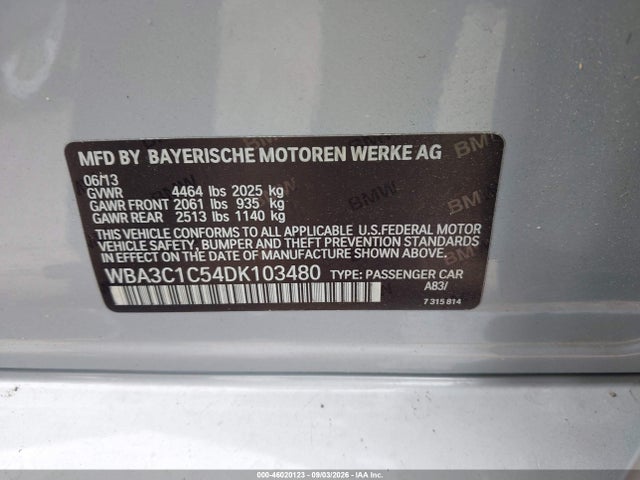 Aukcja sprzedaży 2013 Bmw 328i, vin: WBA3C1C54DK103480, numer aukcji: 46020123