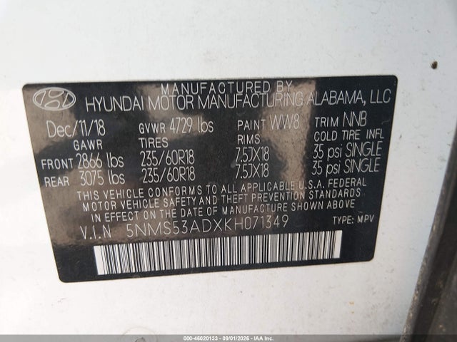 Продаж на аукціоні авто 2019 Hyundai Santa Fe Limited, vin: 5NMS53ADXKH071349, номер лоту: 46020133